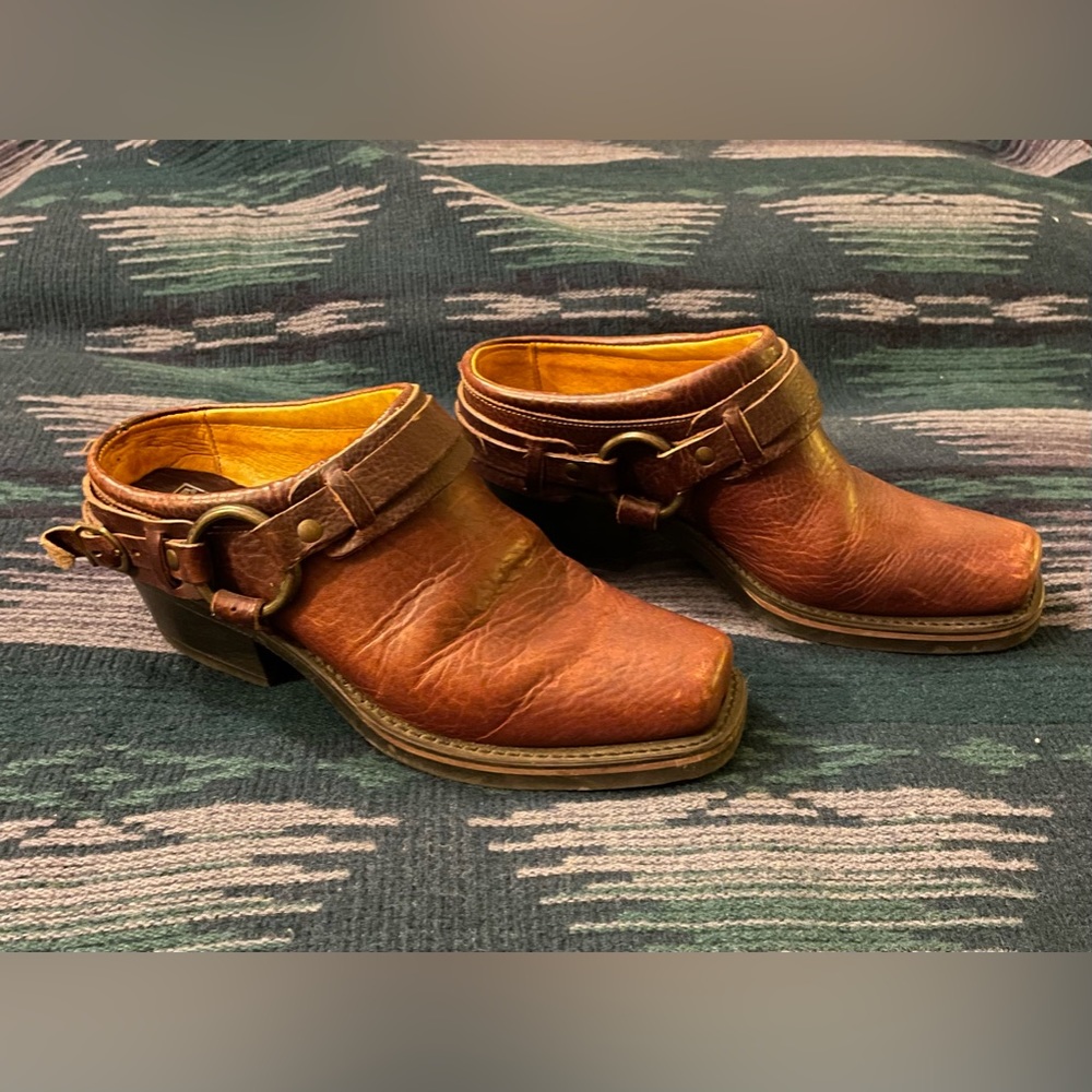 Frye Belted Harness Mules, Brown, Size 8.